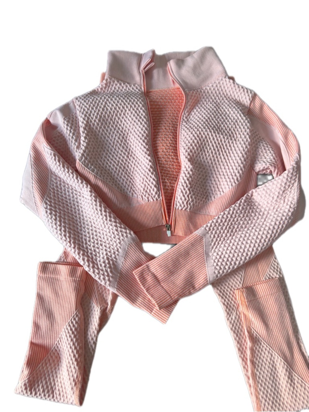 Cropped Textured Zip-Up Jacket Set in Light Pink